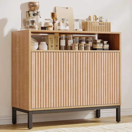 Vista 14 de Mericonia Aparador Buffet Gabinete Almacenamiento, Consola de madera moderna acanalada Credenza