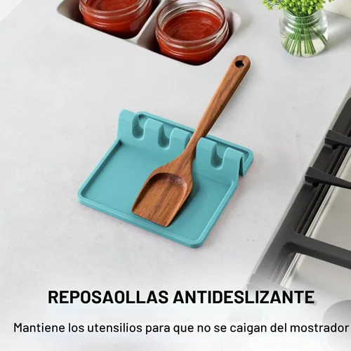 Vista 5 de Zulay Kitchen - Reposa utensilios de silicona con bandeja antigoteo para múltiples utensilios de cocina, reposacucharas sin BPA y resistente al Azul