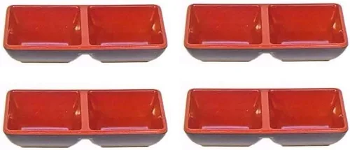 Vista 10 de JapanBargain 2395, platos de salsa de soja estilo japonés, color rojo y negro, dos compartimentos, paquete de 2