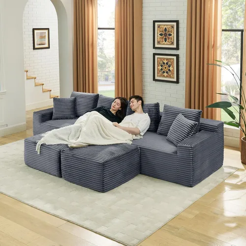 Vista 3 de Sofá seccional de nube en forma de U de 115 pulgadas, sofá modular comprimido sin hueso con diván otomano reversible, sofá simétrico de pana de Gris