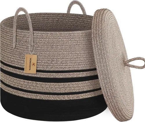 Vista 9 de Cesta de almacenamiento grande de 18" X 18" X 14" con tapa, cesta para mantas de sala de estar, caja de almacenamiento de cuerda de algodón tejida