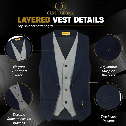 Vista 40 de Oliver George Chaleco formal de esmoquin en capas para hombre, chaleco de traje de negocios
