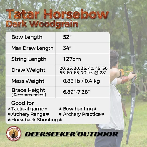 Vista 2 de Deerseeker Outdoor Arco largo tradicional de 52 pulgadas, hecho a mano, arcos recurvos ambidiestros, juego de arco de caballo tártaro para adultos