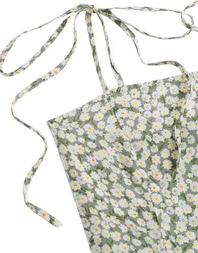 Vista 4 de SheIn - Vestido corto de verano con volantes para mujer estampado floral sin mangas con lazo en los hombros acampanado vestido de playa