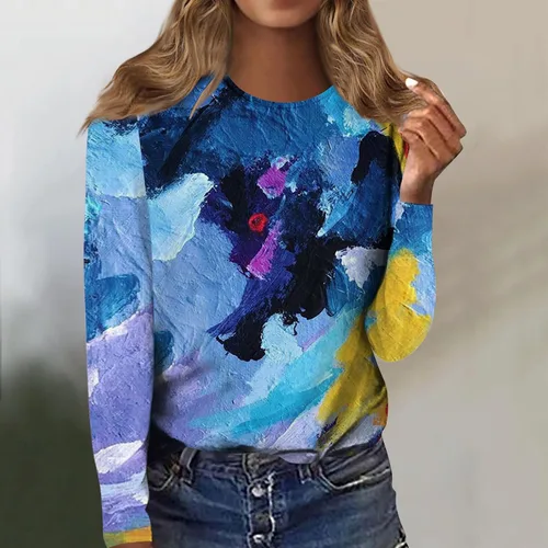 Vista 4 de Lindas camisas para mujer, cuello redondo, manga larga, informal, estampadas, para otoño