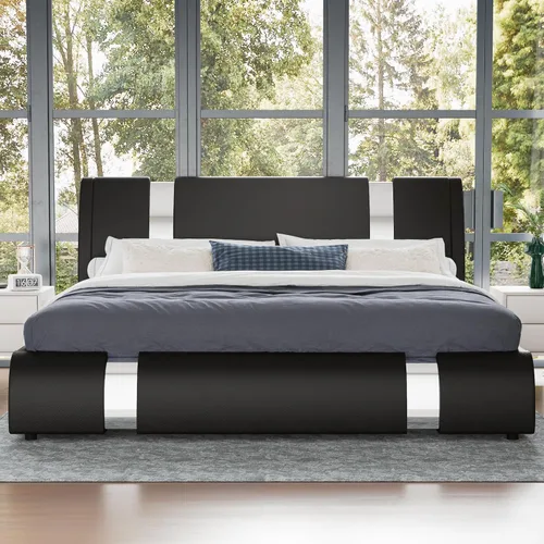 Vista 8 de WEEWAY Base de cama tamaño Queen con decoración moderna de piezas de hierro, cama de plataforma de piel sintética con cabecera ajustable curvada