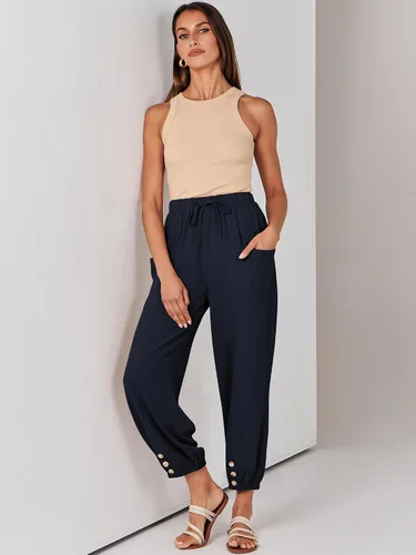 Vista 7 de ANRABESS Pantalones de lino de verano para mujer, estilo casual, pierna ancha, con cordón en la cintura, pantalones palazzo recortados