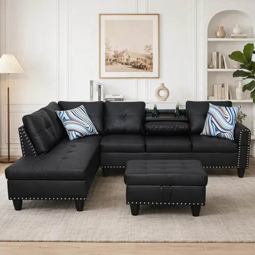 Vista 15 de Sofá modular de cuero en forma de L de 3 piezas – Sofá modular convertible con diván móvil y otomana de almacenamiento, uso multiescenario para sala