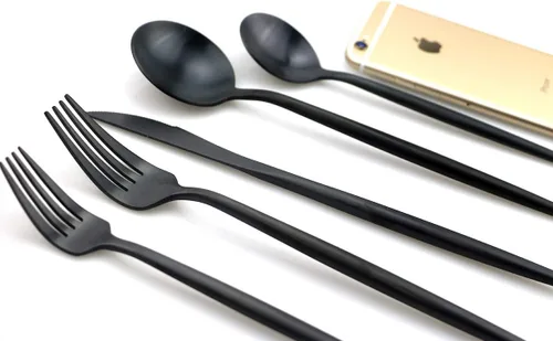 Vista 2 de JASHII Juego de 20 cubiertos de acero inoxidable 304 negro mate para el hogar, juego de vajilla de cocina con cuchillo/tenedor/cuchara servicio