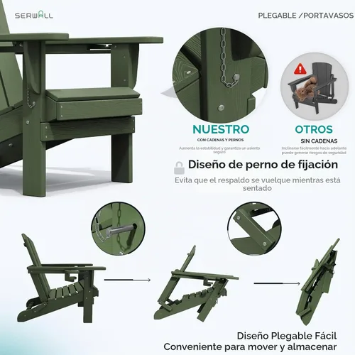 Vista 4 de SERWALL Juego de 4 sillas Adirondack para exteriores con portavasos, aguacate Palta
