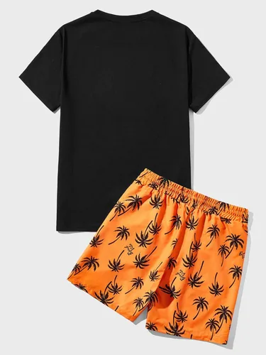 Vista 37 de GORGLITTER Conjunto de 2 piezas de camiseta gráfica de manga corta para hombre, estampado hawaiano con cordón y pantalones cortos