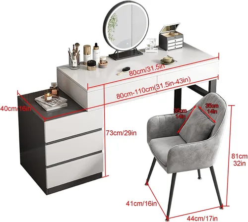 Vista 6 de Tocador de maquillaje con luces, brillo ajustable, 5 cajones, taburete acolchado suave, para dormitorio, estudio, tocador con espejo iluminado