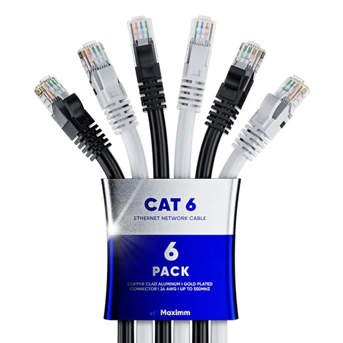 Vista 91 de Maximm Cable Ethernet Cat6 de 0.6 pies, negro (paquete de 6), cable UTP de 10 Gbps 550 MHz