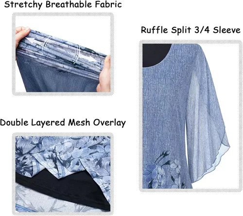 Vista 5 de Ninedaily Blusas de manga 34 para mujer, estilo casual, de doble capa, de malla, tipo túnica