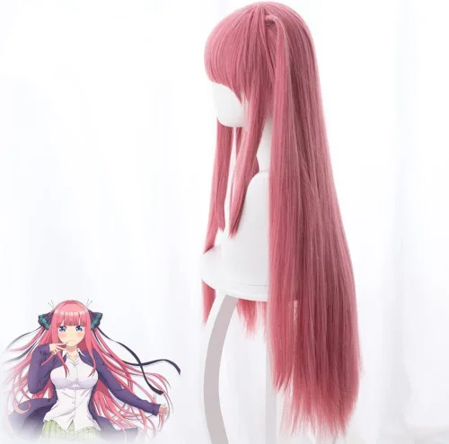 Vista 4 de Cosplay Wig Anime Cosplay Wig, The Quintessential Quintuplets Wig, Nakano Nino Wig, Pink With Bangs Long Straight Hair with Free Wig Cap, for