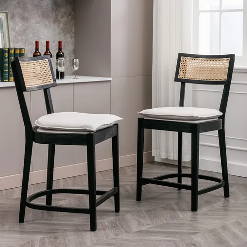 Vista 6 de QUNINJAY - Juego de 2 taburetes de bar de altura de mostrador de 26 pulgadas, modernos taburetes de ratán con tapicería de lino, sillas de comedor