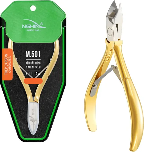 Vista 6 de NGHIA Pinza de uñas dorada - M-555 (acero duro): pinza acrílica de precisión de 16 mandíbulas con acabado chapado en oro, mango curvo y mecanismo