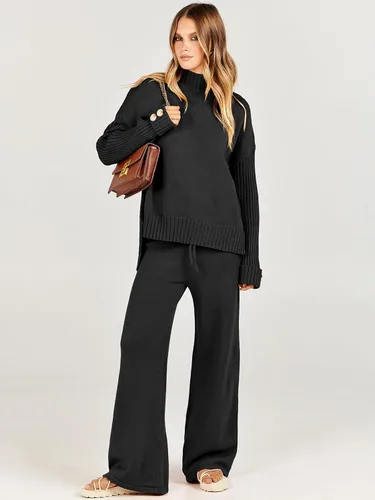 Vista 2 de ANRABESS Conjunto de 2 piezas para mujer, suéter de punto de manga larga, pantalón de pierna ancha, ropa de descanso, moda 2025