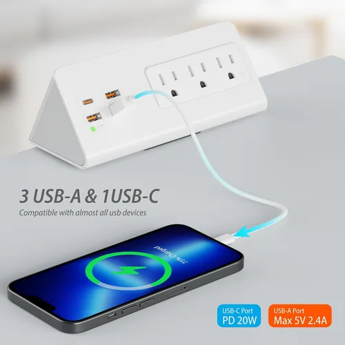 Vista 4 de Regletas de alimentación con abrazadera para borde de escritorio con 4 puertos USB (1 puerto PD 20 W USB-C) y 3 salidas de CA, protector