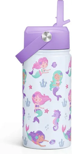 Vista 31 de SANDJEST Botella de Agua para Niños con Tapa de Pajita - 12 Oz Botella de Acero Inoxidable Aislada con Dibujo de Animales para Niños y Niñas - Taza