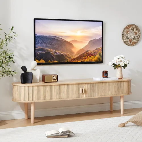 Vista 5 de Soporte de TV, mesa consola multimedia acanalada totalmente montada con puertas correderas, centro de entretenimiento moderno con almacenamiento