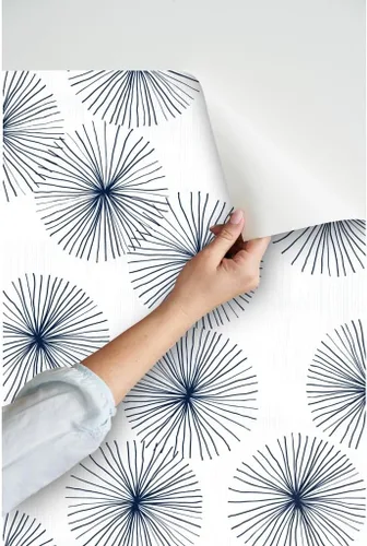 Vista 3 de Spoonflower Mid Century Mod Pre-Pasted Removable Wallpaper Roll 24" x 36" Circle Snowflake Minimalist Dark Blue Self-adhesive, removable and