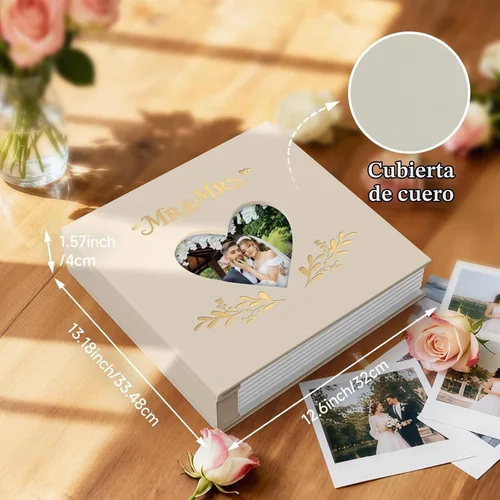 Vista 2 de Álbum de fotos de boda de 4 x 6 pulgadas con 400 bolsillos, libro de recuerdos de cuero beige grabado personalizado para compromiso, despedida
