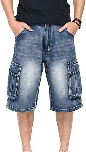 Vista 2 de Pantalones cortos de mezclilla estilo hip hop para hombre, estilo casual, holgados, pantalones de trabajo con bolsillos