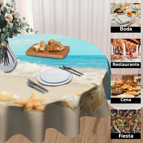 Vista 4 de Sweetshow Mantel redondo de playa de verano de 60 pulgadas, impermeable, de poliéster, lavable, diseño circular de arena con estrellas de mar y olas