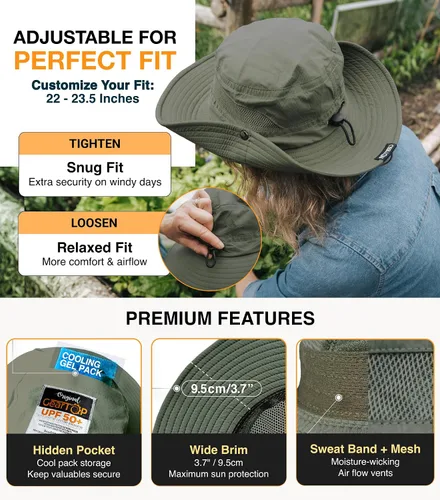 Vista 6 de GearTOP Safari Hat for Men Sun Hats for Women UV Protection UPF 50+ Fishing, Gardening, Hiking Hat (22-23 1/2")