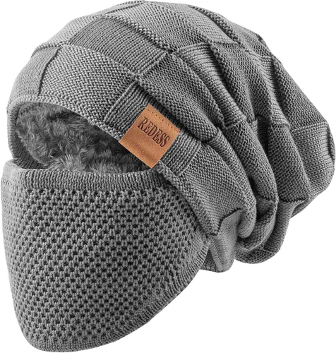 Vista 7 de REDESS Gorro para hombre y mujer, gorro de invierno cálido de punto holgado grueso con cubierta facial D2 Negro