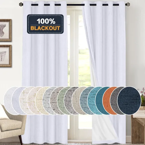 Vista 27 de Cortinas con textura de lino 100% opacas de 64 pulgadas de largo, juego de 2 paneles de cortinas de lino opacas con forro aislante térmico que Arena