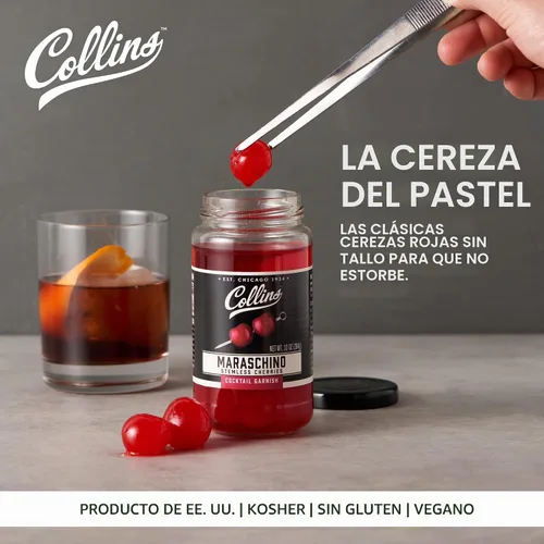 Vista 2 de Collins Cerezas Marrasquino Sin Tallo, Guarnición para Cócteles, Postres, Manhattan y Old Fashioned, Cerezas Gourmet para Picar para Casa y Bar, 10