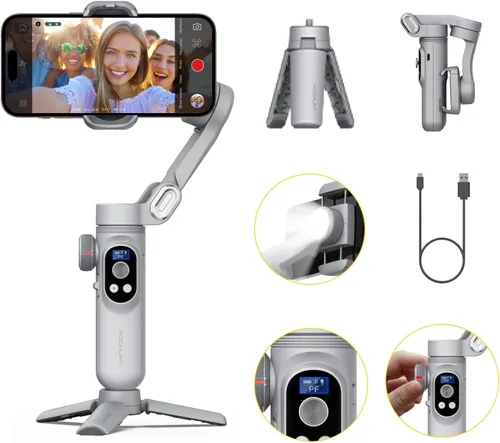 Vista 13 de AOCHUAN Estabilizador de cardán para iPhone Gimbal con carga inalámbrica Smartphone para iPhone 15 Pro Max/Android plegable de 3 ejes Estabilizador