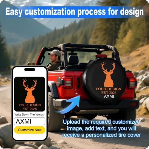Vista 2 de Funda personalizada para neumático de repuesto, cubierta universal para rueda, añade tu propia foto, texto, logotipo, impermeable, a prueba