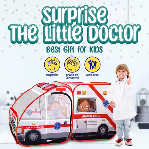 Vista 8 de Tienda de campaña desplegable de ambulancia para niños con sonidos, kit de médico y pozo de pelotas para niños pequeños y mayores, juguete
