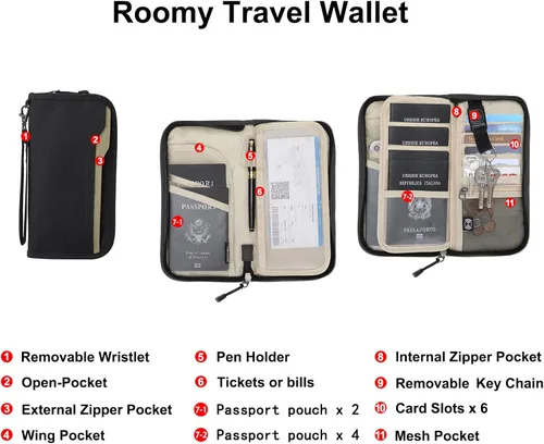 Vista 2 de ZOPPEN Cartera de viaje RFID y organizador de documentos con cremallera con correa de muñeca extraíble Cartera RFID