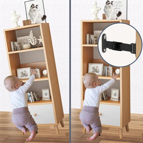 Vista 2 de Anclajes antipunta para muebles (2 juegos), anclaje de pared resistente para muebles, correas ajustables para terremotos, anclajes de muebles