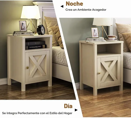 Vista 6 de Juego de 2 mesitas de noche de granja, mesa auxiliar lateral rústica vintage con almacenamiento, mesa auxiliar de madera con puerta de granero
