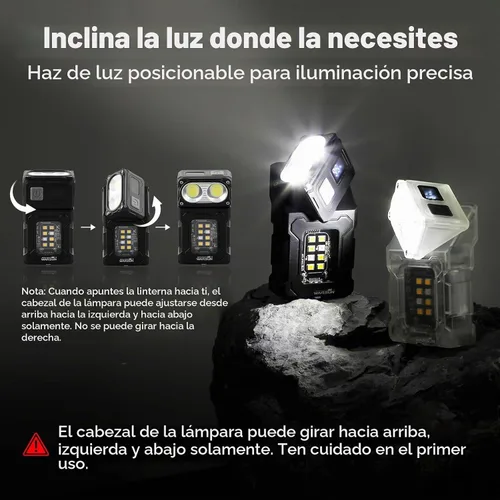 Vista 2 de WARSUN DC08 linterna LED recargable giratoria, luz de trabajo mini de 800 lúmenes, pequeña linterna EDC con clip para la espalda, linterna Negro