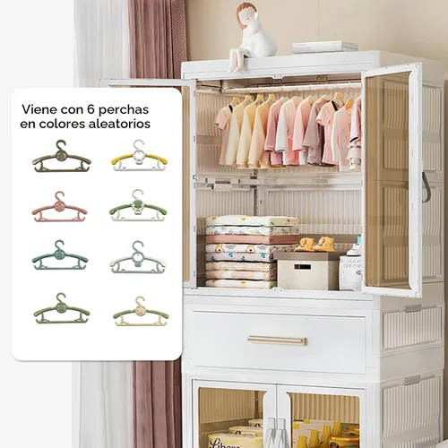 Vista 5 de Armario portátil para niños con puertas, armario de almacenamiento de plástico para bebés con barra colgante, armario para ropa de niños