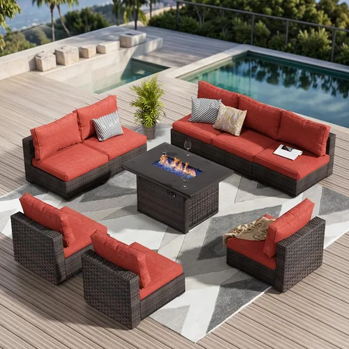 Vista 17 de Juego de muebles de patio al aire libre, 7 piezas, sofá seccional de mimbre con cojines y mesa de té, sofá de conversación de ratán para patio Beige