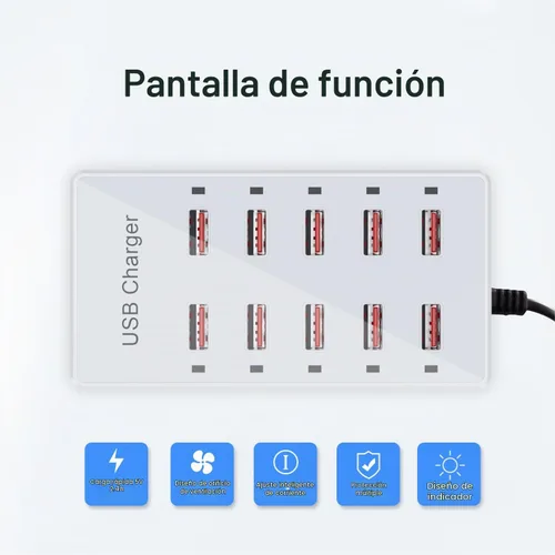 Vista 7 de Cargador USB de 10 puertos estación de carga para múltiples dispositivos, cargador de pared USB, tira de concentrador de alimentación, enchufe