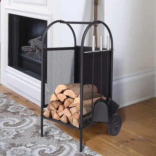Vista 6 de ATR ART TO REAL Estante de Leña Juegos de Herramientas para Chimenea Hierro Forjado Negro Soporte de Almacenamiento de Leña Transportador de Madera