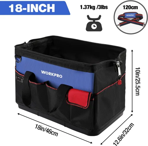 Vista 2 de WORKPRO Bolsa de herramientas, bolsa de herramientas de 18 pulgadas con base moldeada impermeable, bolsa organizadora de herramientas de tapa