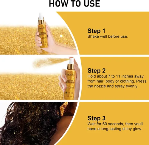 Vista 5 de Pjordo Spray de purpurina corporal, spray brillante, purpurina dorada para cabello y cuerpo, spray para el cabello con purpurina, aerosol