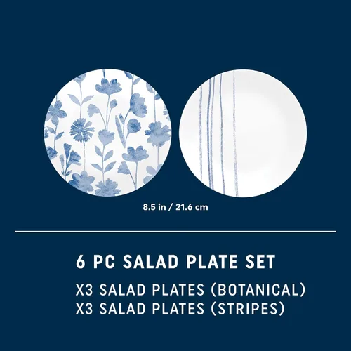 Vista 5 de Corelle 6 piezas de platos de vidrio Vitrelle de 8.5" para almuerzo, ligeros, resistentes a los arañazos - Rayas botánicas