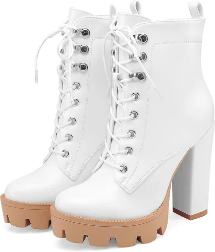 Vista 3 de Botines de plataforma para mujer, de tacón grueso, suela de lengüeta, botas de combate con cordones y tacón alto