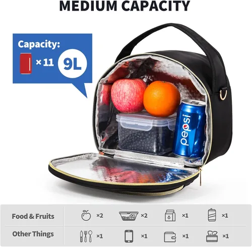 Vista 2 de LLEGASTE Bolsa Térmica de Almuerzo Negra Bonita para Mujeres Trabajo, Lonchera Reutilizable para Adultos para Mujeres, Elegante Bolsa Enfriadora