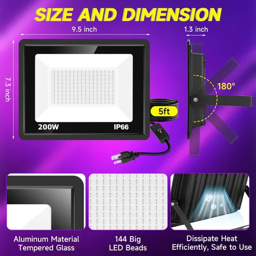 Vista 5 de Paquete de 2 luces LED negras de 200 W, IP66 impermeable para exteriores, luz negra con enchufe, interruptor, cable para fiesta de neón brillante